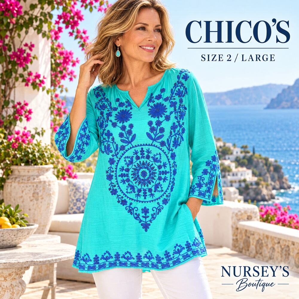 Chico’s Size 2 Large Turquoise Blue Embroidered Boho Cotton Tunic Top